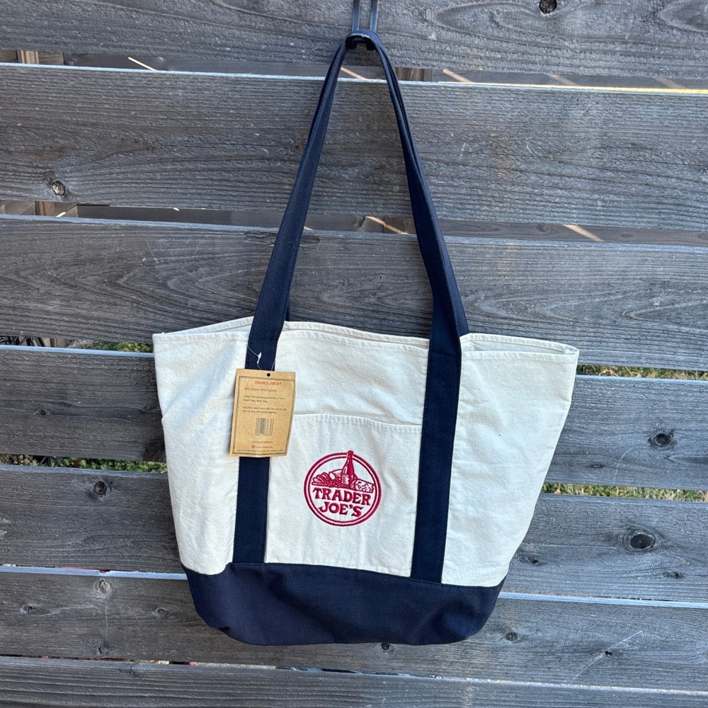TRADER JOES Navy and Cream Tote Bag